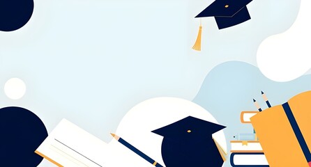 Minimal education background illustration with books, pencils, graduation cap, abstract shapes, clean layout, flat design, copy space