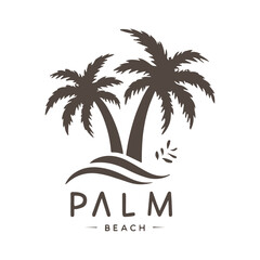 Obraz premium Summer beach island with palm trees in the ocean. Vector emblem of travel, holiday, resort. Vector Logo collection.