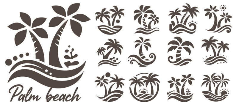 Summer beach island with palm trees in the ocean. Vector emblem of travel, holiday, resort. Vector Logo collection.