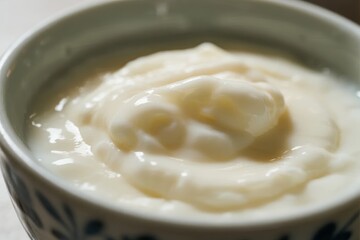 Close-up of creamy white yogurt in a ceramic bowl with blue patterns