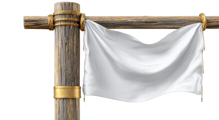 Rustic wooden post supports a wooden beam with a flowing white flag