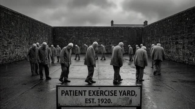 A group of older men walking in a circle in the patient exercise yard of a mental hospital, depicted in grayscale to convey a somber mood and clinical setting