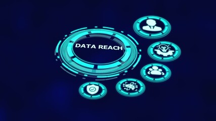 Data reach concept with digital analytics interface, audience expansion icons and information distribution performance system.