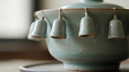 Ceramic bowl with hanging bell-shaped ornaments, featuring crackle glaze and soft teal color