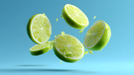 Fresh lime slices splashing in water vibrant citrus fruit for healthy drinks and summer refreshment isolated on blue background.
