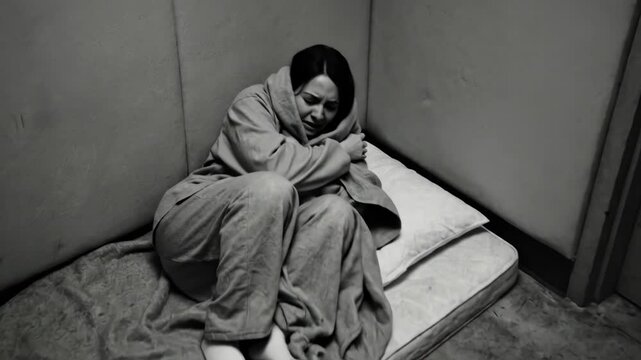 Woman curled up and distressed in a lonely padded psychiatric cell, a concept of mental distress and institutionalization