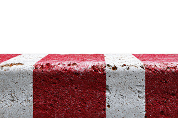 A textured, rough-hewn concrete surface features bold red and white stripes