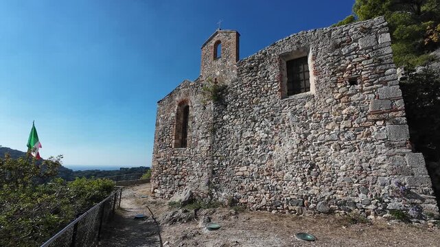Ancient Church of San Lorenzo along the piligrim's track in Varigotti, Italy