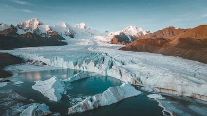 Aerial view of a vast glacier with turquoise meltwater lakes surrounded by snow-capped mountains