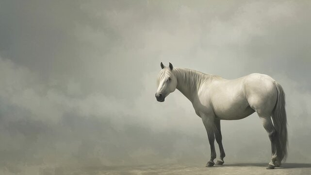 A white horse stands alone in a field. The sky is cloudy. Minimal zodiac horse art print, soft muted tones, calm symbolic presence, zodiac horse wall art