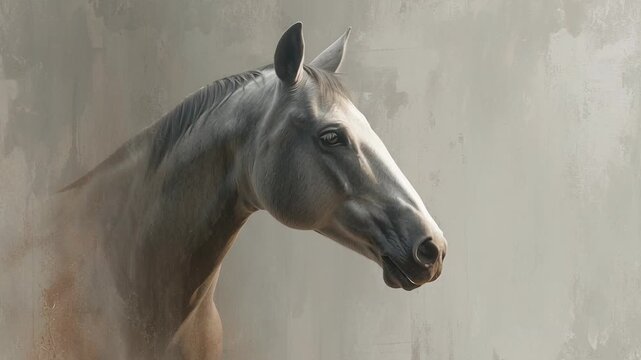 A horse with a white face is staring at the camera. a moody and mysterious feel to it. Minimal zodiac horse art print, soft muted tones, calm symbolic presence, zodiac horse wall art