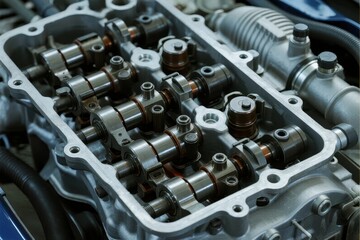 Close-up view of an internal combustion engine cylinder head with valves and camshafts