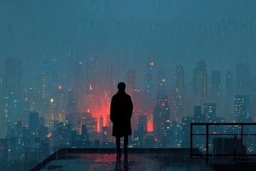 Silhouette of a figure on a rooftop overlooking a vibrant, rainy cityscape at night