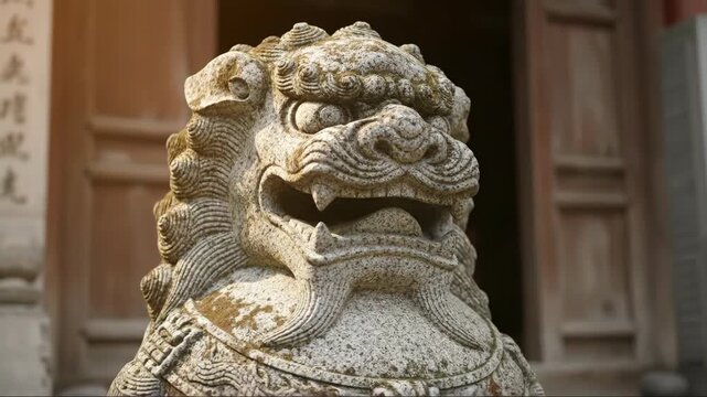 Traditional chinese foo dog statue with weathered details guards a temple. Ancient cultural guardian protecting a sacred building.