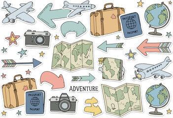 Assortment of handdrawn travelthemed stickers including maps globes luggage and cameras