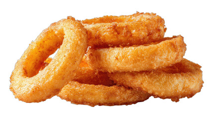 Pile of crispy, golden-brown fried onion rings against a transparent background