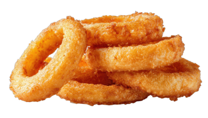 Pile of crispy, golden-brown fried onion rings against a transparent background