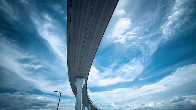 Massive concrete bridge soaring above city roadway under dramatic blue sky, modern infrastructure perspective emphasizing scale, strength and movement