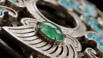 Close-up of an ornate metal brooch featuring a green gemstone and turquoise inlay