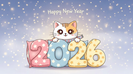 A cute cartoon cat celebrates the upcoming new year 2026 with festive patterned numbers