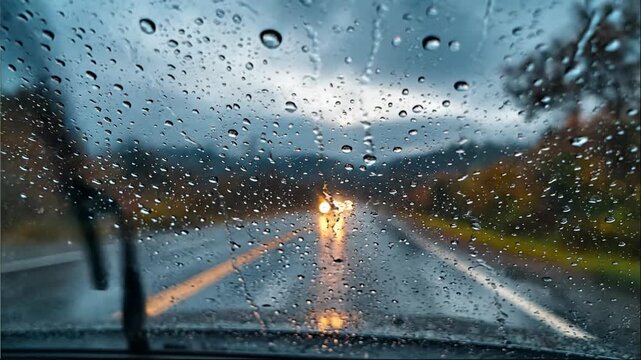 POV driving in heavy rain on highway with windshield wipers clearing water drops from glass during autumn storm
