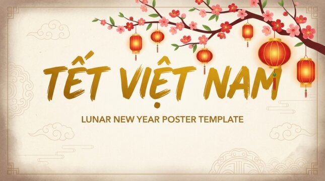 bold tet vietnamese lunar new year horizontal poster template illustration template featuring peach blossom branch and lanterns on light neutral background with subtle vignette