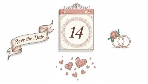 save the date ornamental clipart collection template illustration template featuring calendar page with circled date and small hearts on pure white background isolated for easy use - Powered by Adobe