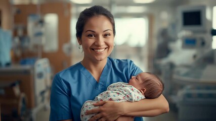 Smiling nurse holding newborn baby inside hospital ward, compassionate healthcare moment highlighting care, trust and early life support