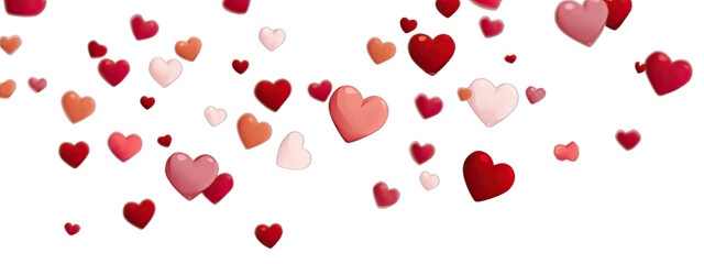 Numerous hearts of various shades of red, pink and orange float