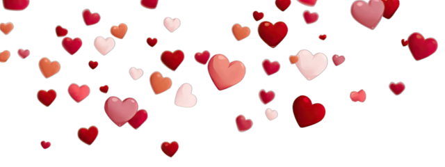 Numerous hearts of various shades of red, pink and orange float