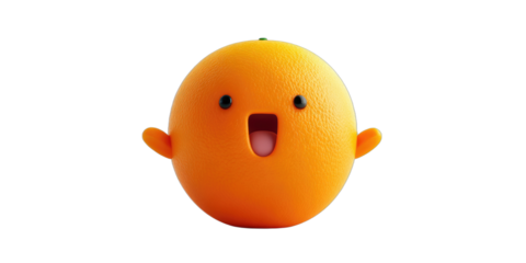 A surprised, bright orange, round character with arms outstretched