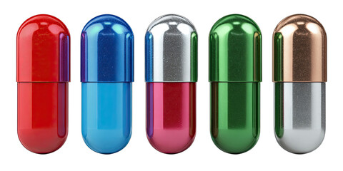 Five colorful metallic capsules arranged in a row against a black background