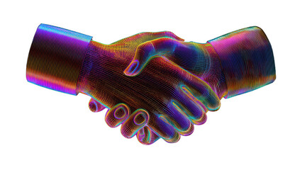 Two hands shaking, rendered in a vibrant, holographic, digital wireframe style on black