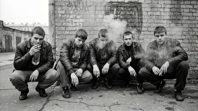 Five men squatting with cigarettes by a brick wall, smoking and exhaling smoke. Slav style gopnik gang in urban setting.
