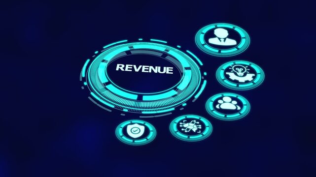 Revenue growth concept with digital business dashboard interface, financial performance icons and profit optimization strategy system.