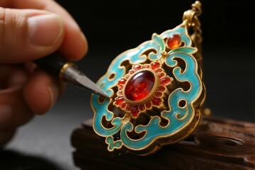 Close-up of a hand using a tool to work on an ornate turquoise and gold pendant with a red gemstone