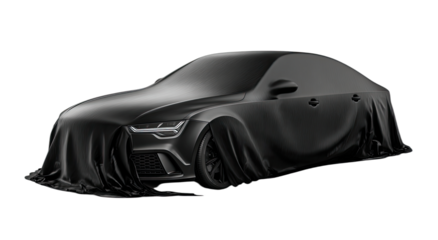 Sleek black car silhouette, covered in fabric, highlighting contours and shape