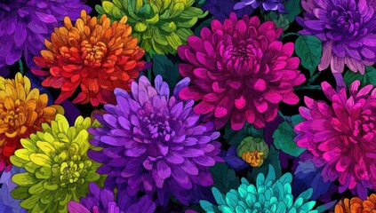 Vibrant, digitally painted floral pattern with colorful chrysanthemum blooms on a dark background