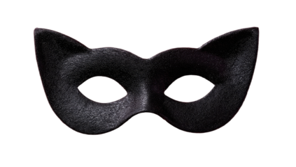 A black, furry, cat-eared mask with eye cutouts, set against a black background