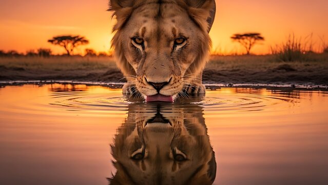 Majestic lion drinks peacefully at a waterhole during a vibrant sunset