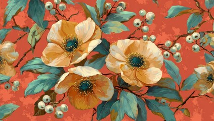 Fototapeta premium Floral illustration featuring yellow flowers, teal leaves, and berries on a reddish-orange background