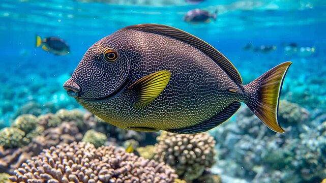 Fish glide through coral reefs in sunny ocean waters, showing different colors and patterns next to other sea creatures