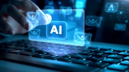 Artificial intelligence interface glowing above laptop keyboard with digital symbols, modern computing scene showing automation, data processing and innovation - Powered by Adobe