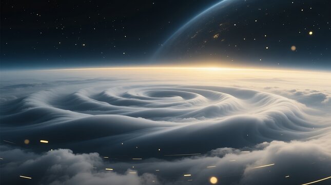Epic planetary cyclone above cloud layer with glowing horizon and stars - Powered by Adobe