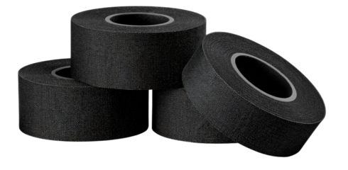 Four rolls of black tape arranged closely together in a heap