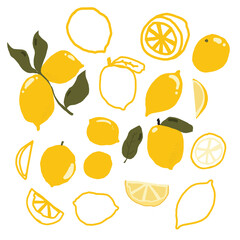 Hand drawn lemon vector illustration set in a playful, minimal style. Collection of whole lemons, lemon slices, halves, outlines, and leaves in bright yellow colors.