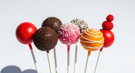 A colorful assortment of cake pops, including chocolate, pink, orange, and red varieties, arranged against a clean white background