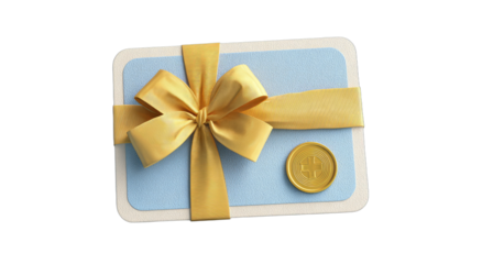 Light blue gift card with gold ribbon and wax seal