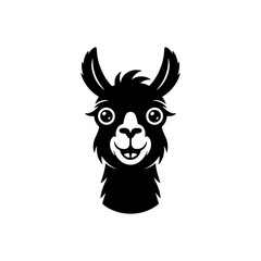 Fototapeta premium A cute, black and white vector logo of a smiling alpaca or llama head with big eyes and fluffy fur, ideal for a cheerful brand or children's design.