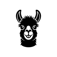 Obraz premium A cute, black and white vector logo of a smiling alpaca or llama head with big eyes and fluffy fur, ideal for a cheerful brand or children's design.